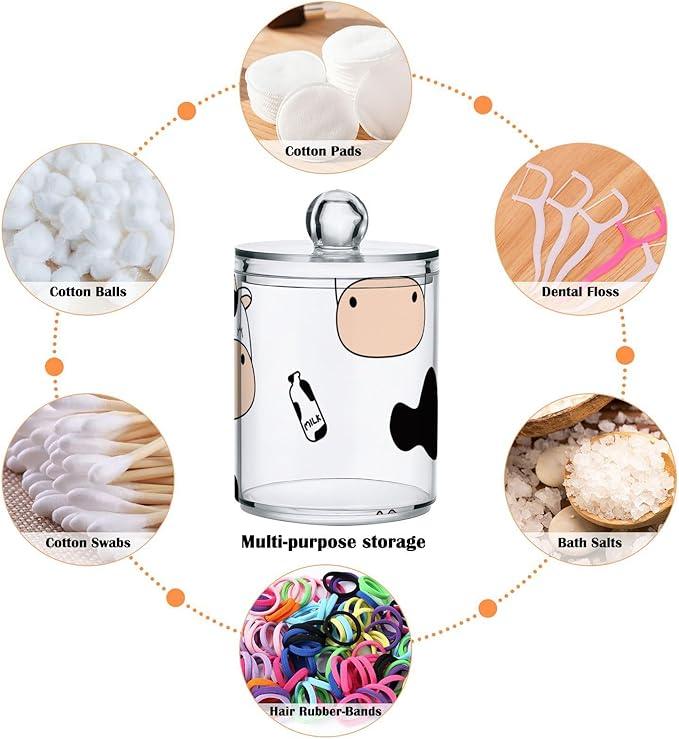 Tatenale Qtip Holder Bathroom Set Q tip Cotton Ball Swab Pad Dispenser Container Organizer Plastic Jars with Lids Storage 2Pack Cute Cow and Milk - ModernBath