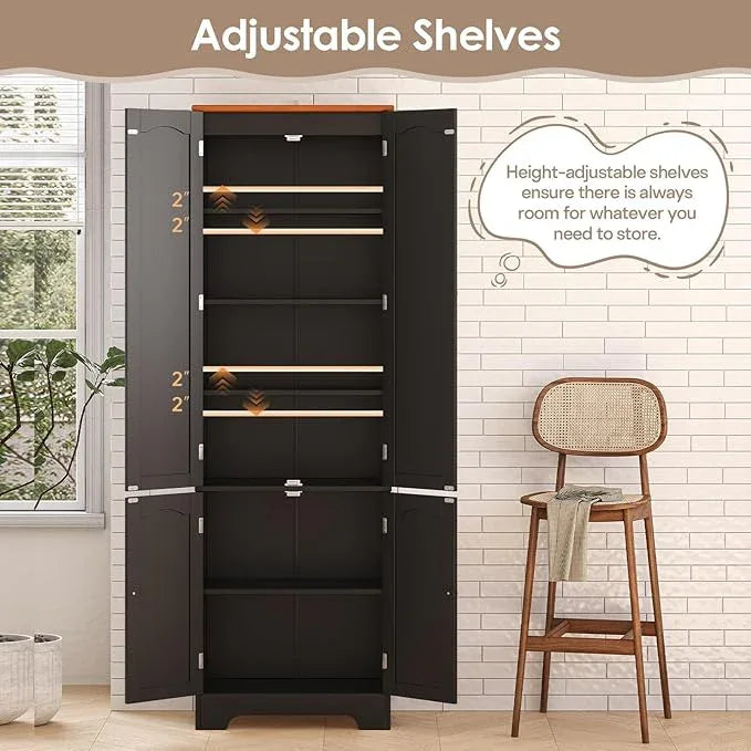 72.2'' Narrow Storage Cabinet, 4 Door Kitchen Cabinet with Adjustable Shelves, Freestanding Cupboard, Tall Pantry Cabinet for Bathroom, Dining Room, Living Room, Kitchen,Laundry, Entryway, Black - ModernBath