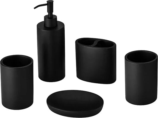 Jincrop Matte Black 5 Piece Bathroom Accessories Set - Resin Countertop Kit with Soap Dispenser, Toothbrush Holder, 2 Tumbler Cups, Soap Dish - ModernBath