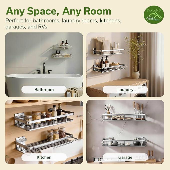 EVALAND Shower Caddy Adhesive 2-Pack with Hooks and Rod for Towels, Silver – Premium Bathroom Shower Shelves, Shampoo Organizer, Bathtub Shelf, Rustproof, Easy Installation, Sturdy Modern Look - ModernBath