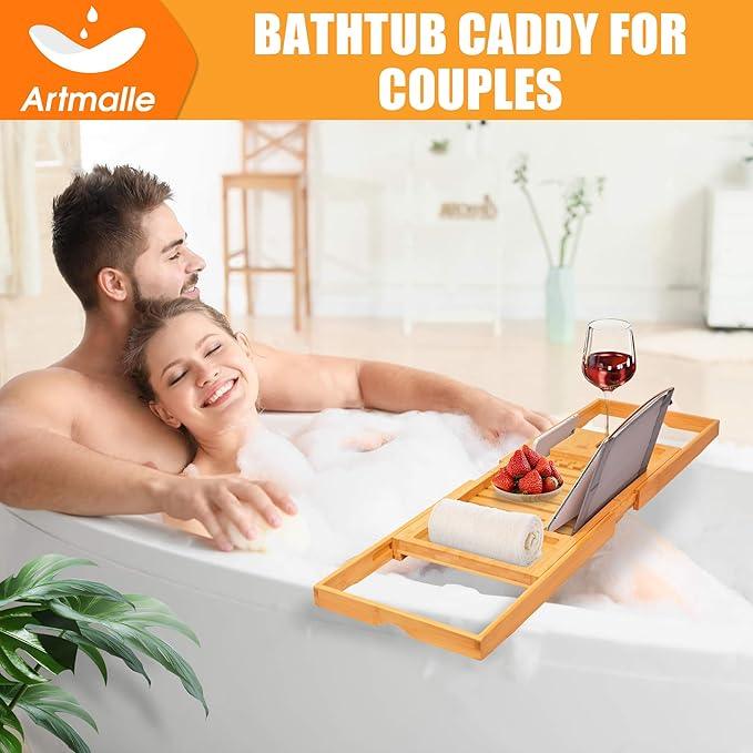 Artmalle Luxury Bathtub Caddy Tray for Tub - Foldable Bamboo Bath Table Tray with Book and Wine Glass Holder, Expandable Bathroom Accessories for Spa or Reading Lite Style - ModernBath