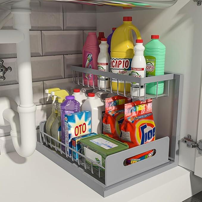 REALINN Under Sink Organizer, Pull Out Cabinet Organizer 2 Tier Slide Out Sink Shelf Cabinet Storage Shelves, Storage for Kitchen Bathroom, Grey, 1 Pack - ModernBath