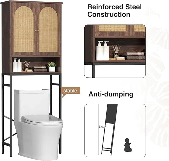 Rattan Toilet Storage Cabinet, Over The Rack Wood Cabinet with Metal Stand, Bathroom Organizer with Adjustable Shelf, Space Saving Cupboard for Small Bathrooms, Washer Shelf, Dark Brown - ModernBath
