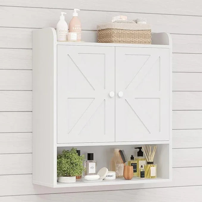 EasyCom Bathroom Cabinet Storage, Farmhouse Medicine Cabinet with Adjustable Shelves and Double Barn Doors, Over The Toilet Storage Cabinet for Bathroom, Kitchen, Living Room, White - ModernBath