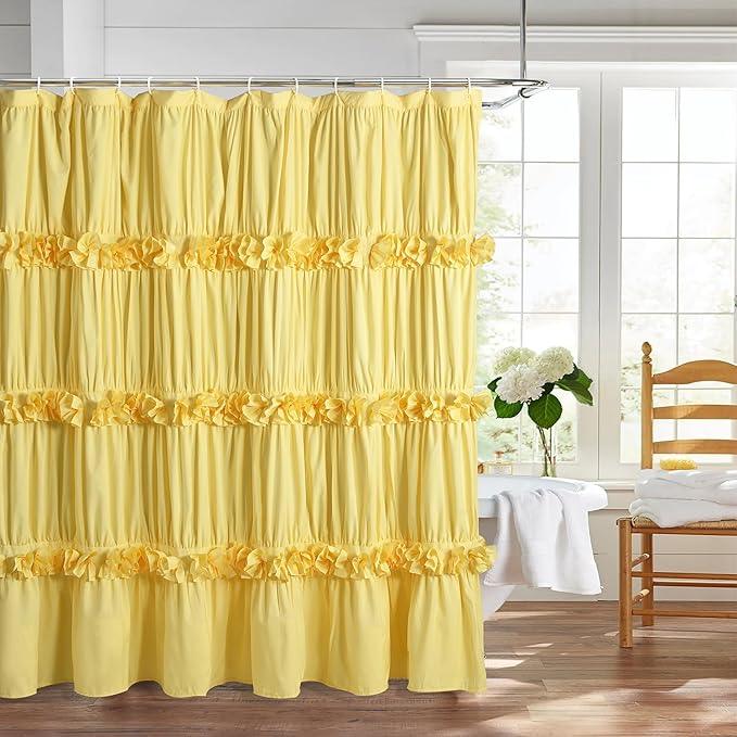Homechoice Decor Bright Yellow Shower Curtain, Vintage Handcrafted Bow Tie Bath Curtain for Master Bathroom, Ruched Microfiber Bathroom Curtain with 12 Buttonholes, 72" W x 72" H (LQ-10) - ModernBath