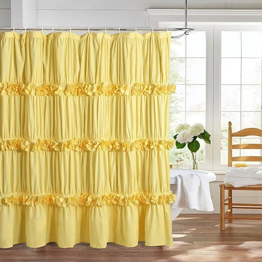 Homechoice Decor Bright Yellow Shower Curtain, Vintage Handcrafted Bow Tie Bath Curtain for Master Bathroom, Ruched Microfiber Bathroom Curtain with 12 Buttonholes, 72" W x 72" H (LQ-10) - ModernBath