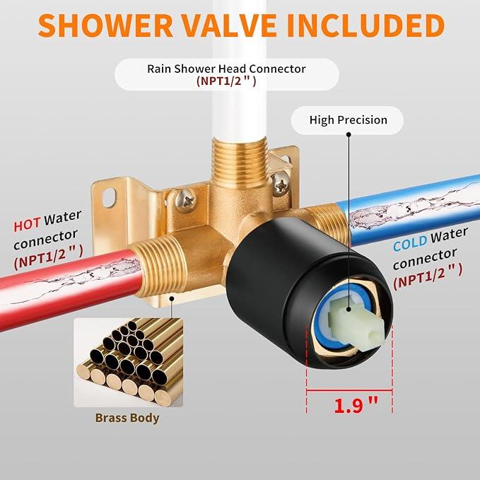 Black Shower Faucet Single Function Trim Kit with Rough-in Valve Set Bath Rainfall Shower System 8inch Square Stainless Steel Metal Shower Head - ModernBath