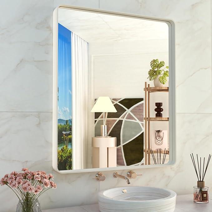 WEER White Bathroom Mirror 28X36 Inch, Rounded Rectangle White Metal Frame Mirror, Matte White Bathroom Vanity Mirror with Tempered Glass, Anti-Rust, Hangs Horizontally or Vertically - ModernBath