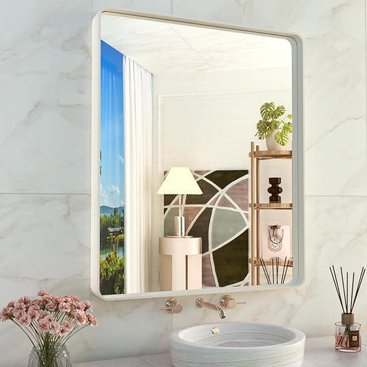 WEER White Bathroom Mirror 28X36 Inch, Rounded Rectangle White Metal Frame Mirror, Matte White Bathroom Vanity Mirror with Tempered Glass, Anti-Rust, Hangs Horizontally or Vertically - ModernBath