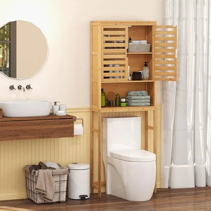 Giantex Over The Toilet Storage Cabinet, 3-Tier Bamboo Bathroom Space Saver with 2 Louver Doors, Open Shelf, Adjustable Bottom Bar, Over Toilet Bathroom Organizer for Laundry, Balcony, Restroom - ModernBath