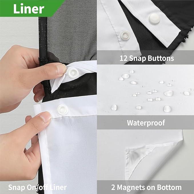 eachope no Hook Shower Curtain and Liner Set，Boho Style with See Through Top Window, Black Fabric Tufted Striped Textured Outer Curtain & Waterproof Inner Liner, DarkBlack, 71Wx98H - ModernBath