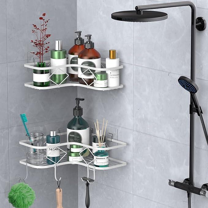 Shower Caddy, 2 Pack Corner Organizer Shelf, Rustproof Wall Mount Shower Storage Rack, No Drilling, 40 lbs Capacity (Glossy White) - ModernBath