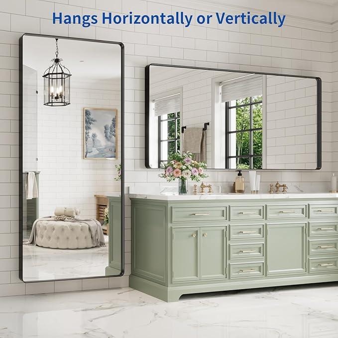 WEER Black Bathroom Mirror for Wall, 77X36 Inch Matte Black Mirror, Rectangular Black Metal Framed Vanity Mirror with Tempered Glass, Rounded Corner, Anti-Rust (Horizontal/Vertical) - ModernBath