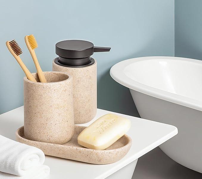 Clasin Home 3 Pcs Bathroom Accessories Set, Liquid Soap Dispenser with Large Pump, Toothbrush Holder Cup and Soap Dish, Sandstone Texture Bathroom Counter Set for Modern Home (Beige) - ModernBath