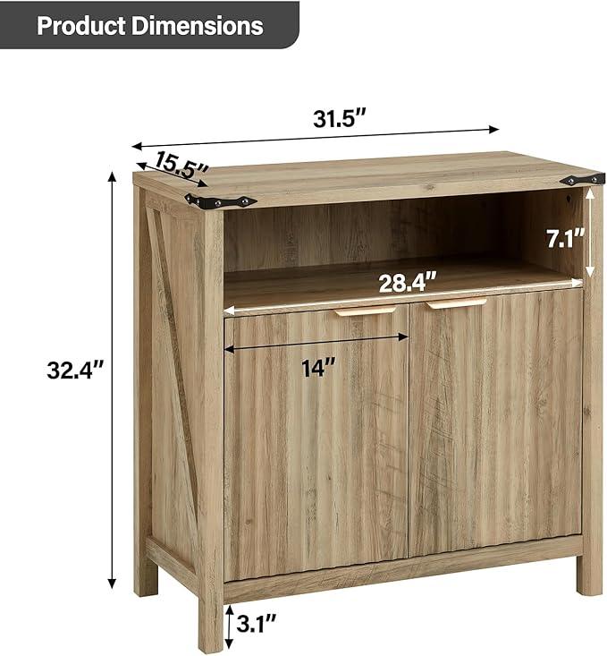 Buffet Cabinet with Storage - Modern Farmhouse Rustic 32 Fluted Sideboard Storage Cabinet Buffet with Adjustable Shelves, Coffee Wine Bar Organizer for Dining Room (Sunwashed Ash Oak) - ModernBath