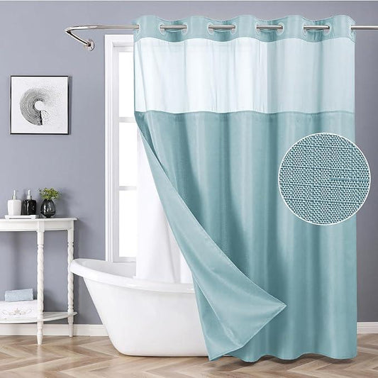 eachope Teal No Hook Shower Curtain with Snap-in Fabric Liner Set,Slub Textured Fabric Shower Curtains for Bathroom,Hotel Style Modern Shower Curtain,Water Repellent & Washable,71x74(72) - ModernBath