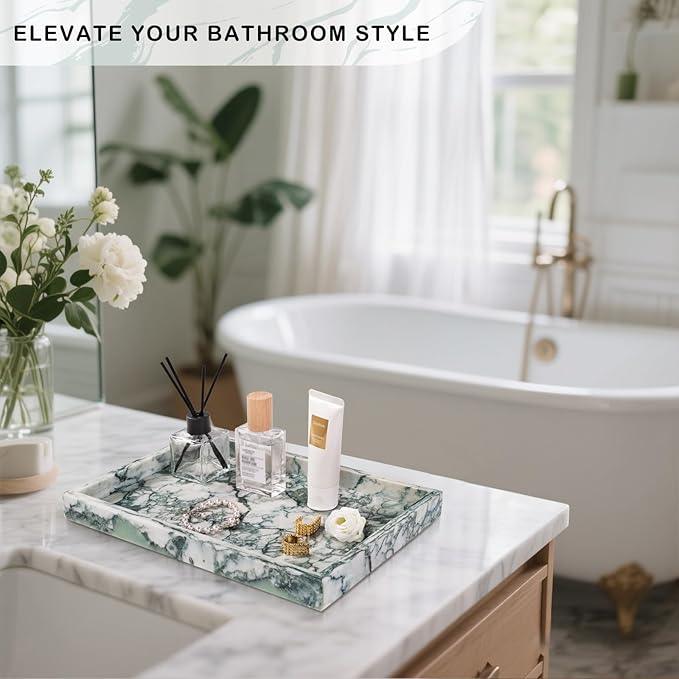 Homaura Marble Bathroom Tray for Countertop & Home Decor, Natural Decorative Marble Tray for Jewelry & Perfume Organizer, Luxury Stone Vanity Trays for Dresser, Kitchen Counter, 12" x 8", Jade Green - ModernBath