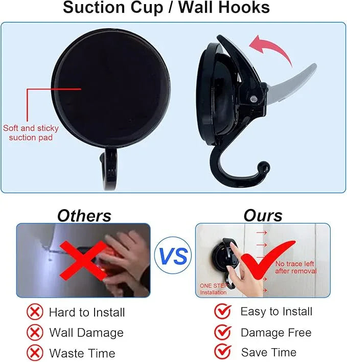 Heavy Duty Suction Cup Hooks for Shower, Bathroom Robe, Garland Decoration - Vacuum Glass Hooks, Reusable, No Hole Punched (Black, 4 Pack) - ModernBath