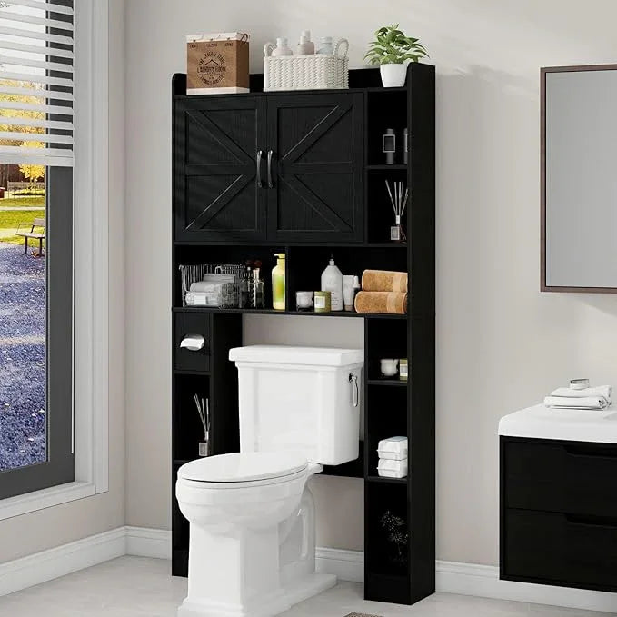 Vabches Over The Toilet Cabinet, Double Doors Bathroom Shelf Organizer with Toilet Paper Holder Stand and Open Storage Shelf, Small Freestanding Space Saver for Restroom, Bathroom, Laundry, Black - ModernBath