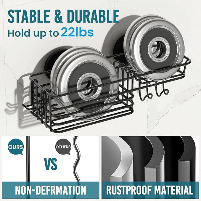 TAILI Shower Caddy Suction Cup with Hooks and Soap holder, Heavy Duty Bathroom Shower Organizer, No Drilling Bathroom Holder with Large Capacity, Metal Black Storage Basket - ModernBath