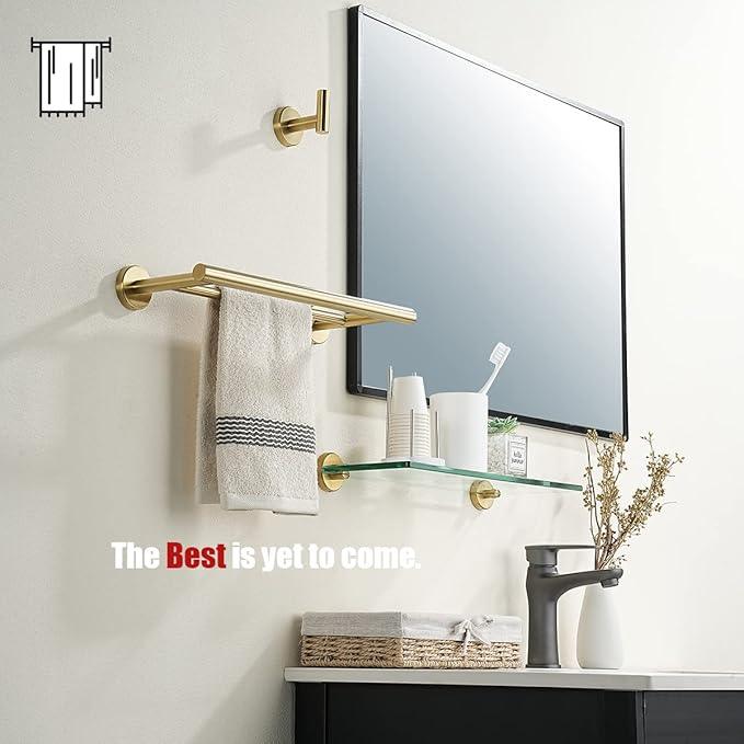 JQK Double Towel Bar Gold, 15 Inch 304 Stainless Steel Thicken 0.8mm Towel Rack Holder for Bathroom Washcloths and Hand Towels, Brushed Gold Wall Mount, Useable Length 12 Inch, TB100L12-BG - ModernBath