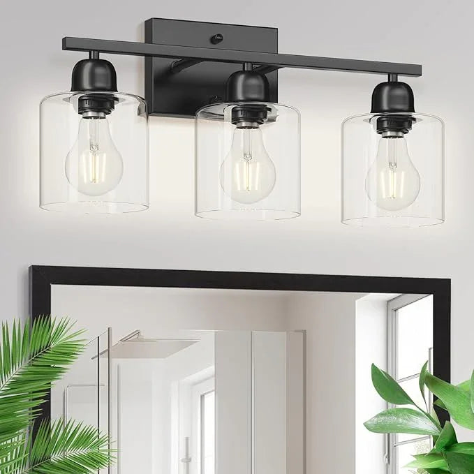 Modern 3 Light Bathroom Light Fixtures, 19 inch Black Vanity Lights For Bathroom With Clear Glass, Bathroom Lighting Fixtures Over Mirror For Mirror Kitchen Living Room Hallway Cabinet Porch - ModernBath