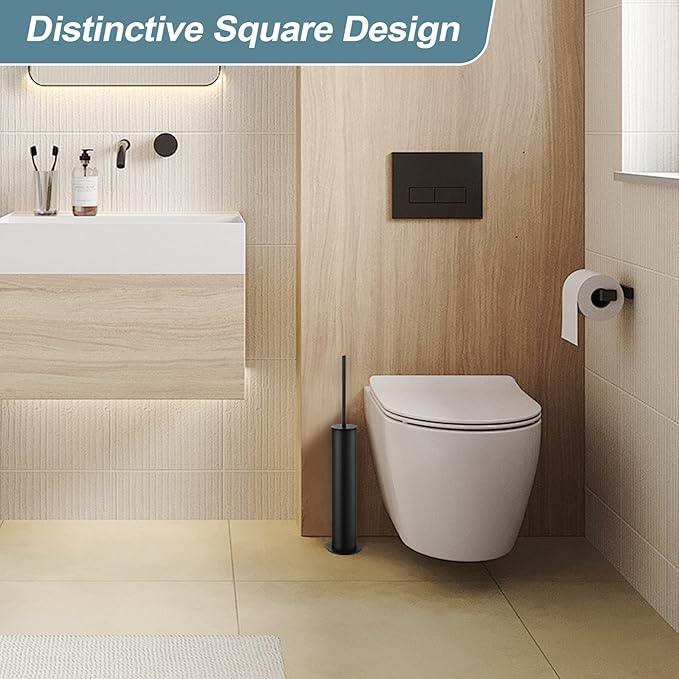 BGL Toilet Brush and Holder Set, Heavy Duty 304 Stainless Steel, Round Base and Long Handle for Bathroom Deep Cleaning, Drip-Proof, Space Saving for Storag, Black - ModernBath