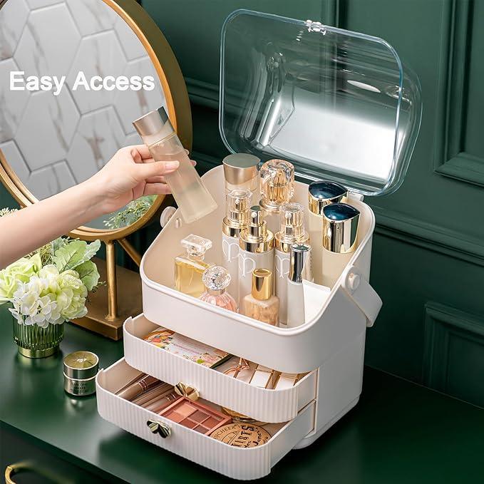 Preppy Skincare Organizers Makeup Organizer Holder Cosmetic Storage Box Display Case 3 Tiers Dust Free Cover Portable Handle 2 Rroomy Drawers Gift Great For Bathroom Countertop Dresser Ivory White - ModernBath