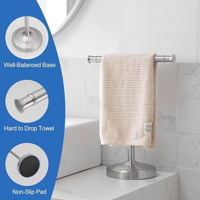 RUMOSE 13 Inch Brushed Nickel Towel Stand Hand Towel Holder Bathroom Kitchen Vanity Countertop T-Shape Towel Rack Free Standing Stainless Steel Towel Bar Towel Ring - ModernBath