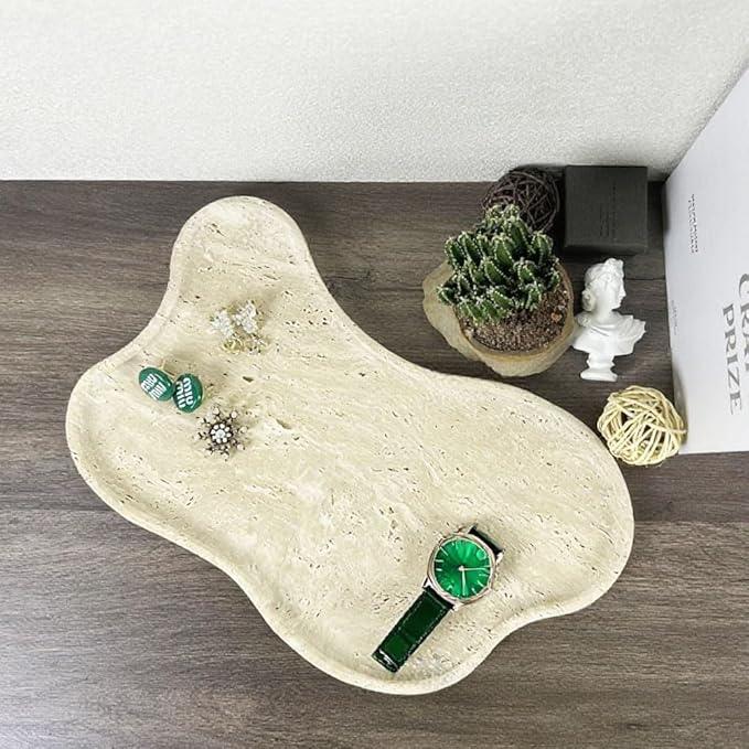 Cloud Shape 100% Natural Travertine Tray Luxury Travertine Vanity Organizer for Bathroom Kitchen Counter, Decorative Tray for Dresser Home Décor, 13.3x8.3x0.7 inches - ModernBath