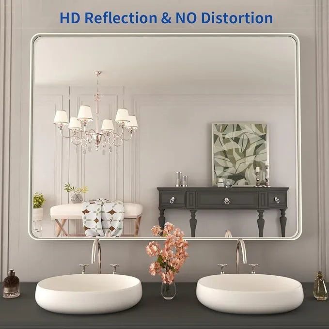 WEER 40X30 Inch Brushed Nickel Bathroom Mirror, Brushed Silver Metal Frame Mirror, Rounded Rectangle Silver Bathroom Vanity Mirror, Tempered Glass, Anti-Rust, Hangs Horizontally or Vertically - ModernBath