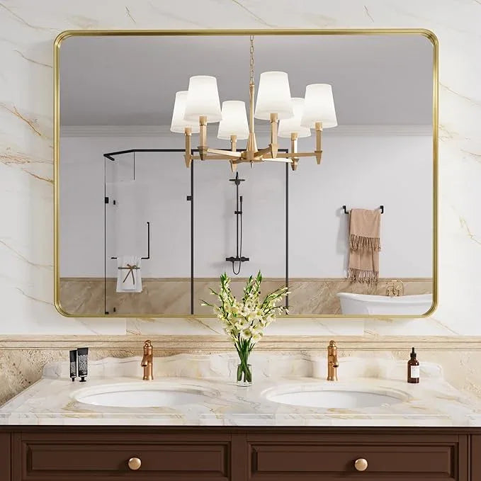 JISOSO Gold Bathroom Mirror, 48x32 Inch Brushed Gold Metal Frame Mirror for Wall, Rounded Rectangle Bathroom Vanity Mirror, Tempered Glass, Anti-Rust, Horizontal/Vertical - ModernBath