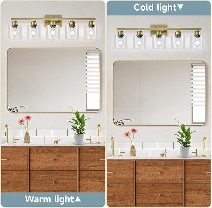FAISHILAN Modern Brushed Gold 5 Light Bathroom Vanity Light,31 inch Vanity Lights for Bathroom with Clear Glass for Mirror Kitchen Living Room Hallway Cabinet Porch - ModernBath