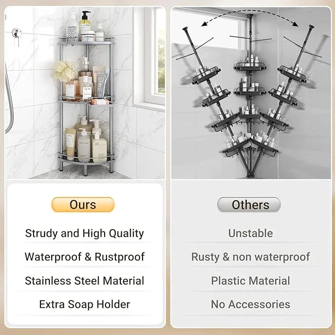 ELYKEN Corner Shower Caddy Standing, 3 Tier Rustproof Metal Shower Organizer with Soap Holder, Floor Shower Corner Shelf Rack Storage Stands with Adjustable Feet & 2 Hooks for Bathroom, Silver - ModernBath