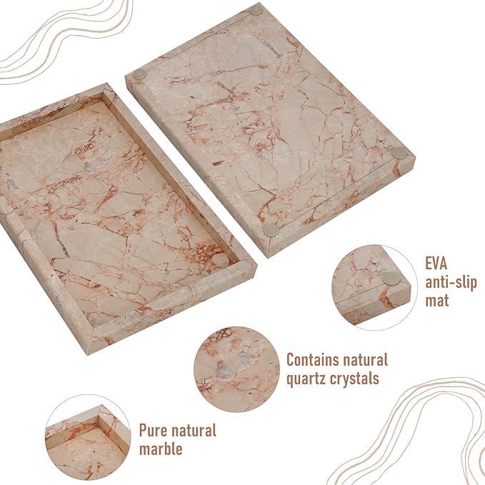 MULWR Marble Bathroom Tray,Pure Natural Vanity Tray,Marble Trays for Kitchen Counter Non-Ceramic/Non-Resin,Stone Tray 12 x 8 inch (Pink) ﻿ - ModernBath