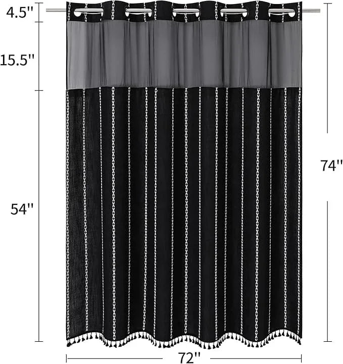 No Hooks Needed Farmhouse Shower Curtain with Snap-in Liner - with Window & Magnets, Boho Cotton Linen Fabric Shower Curtains with Tassels for Rustic Bathroom Decor, Black and White, 72 x 74 - ModernBath