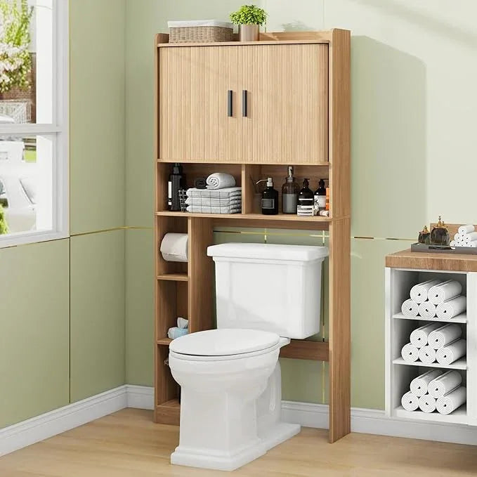 Over The Toilet Storage Cabinet,Farmhouse Toilet Cabinet Rack with 2 Tambour Sliding Doors and Toilet Paper Holder Stand，Toilet Shelf Space Saver with Towel Rack for Bathroom, Restroom, Laundry - ModernBath
