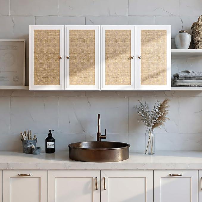 Kitchen Wall Cabinets,Rattan Wall Mounted Laundry Cabinets with Adjustable Shelf, Floating Hanging Storage Cabinet for Laundry Room, Bathroom, Kitchen - ModernBath
