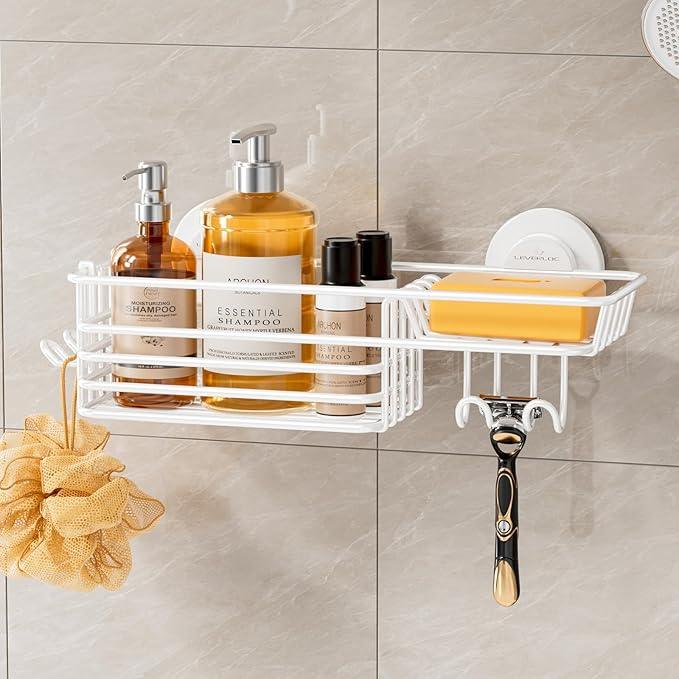 LEVERLOC Shower Caddy Suction Cup, Heavy Duty Bathroom Organizer for Inside Shower with Hooks & Soap holder, NO-Drilling Bathroom Holder-White - ModernBath