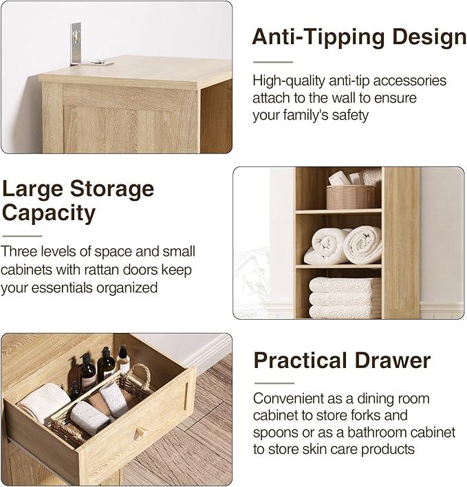 67" H Natural Bathroom Storage Cabinet with Rattan Doors and Slide Storage, Tall Narrow Freestanding Tower Cabinets with Adjustable Shelves for Kitchen, Living Room, Dining Room - ModernBath