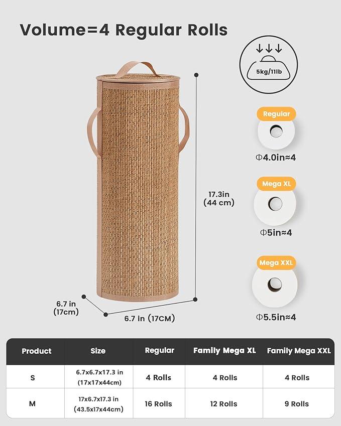 Bamboo Toilet Paper Storage Basket with Lid & Handle - 10L Handwoven Bathroom Organizer for 4 Rolls - Sturdy Stand Holder for Toilet Paper Organization, Carbon Brown - ModernBath