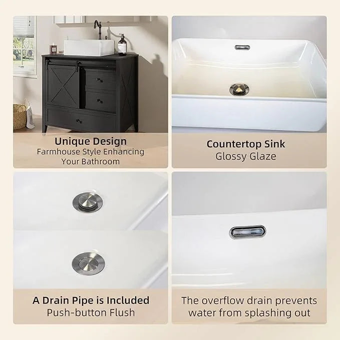 VNN Bathroom Vanity with Sink - 36 Inch Bathroom Vanity with Sink Ceramic, Freestanding Cabinet with Farmhouse Sliding Barn Door and 3 Drawers, Space-Saving Storage Cabinet, Wood Grain Texture, Black - ModernBath