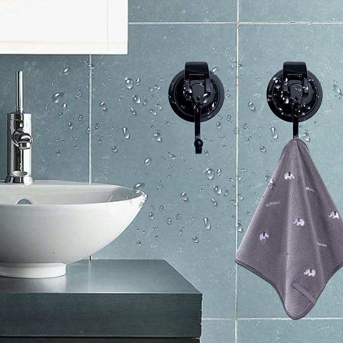 Heavy Duty Vacuum Shower Hooks - Glass Suction Cup Hooks, Reusable, No Hole Punched, for Bathroom Robe and Garland Decoration (Black, 2 Pack) - ModernBath
