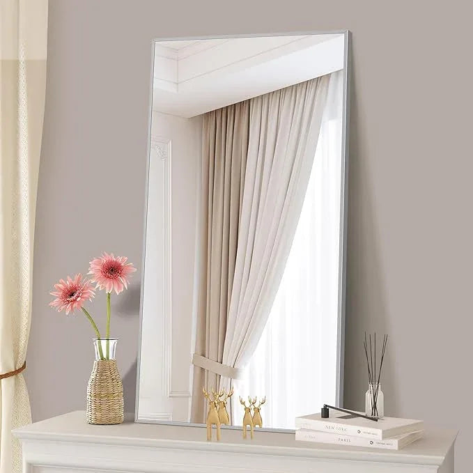 COFENY 48x24In Silver Bathroom Mirror for Wall, Brushed Nickel Rectangle Mirrors with Metal Frame, Bathroom Rectangular Mirror Modern Wall Mirror for Bedroom Living Room, Hangs Horizontal or Vertical - ModernBath