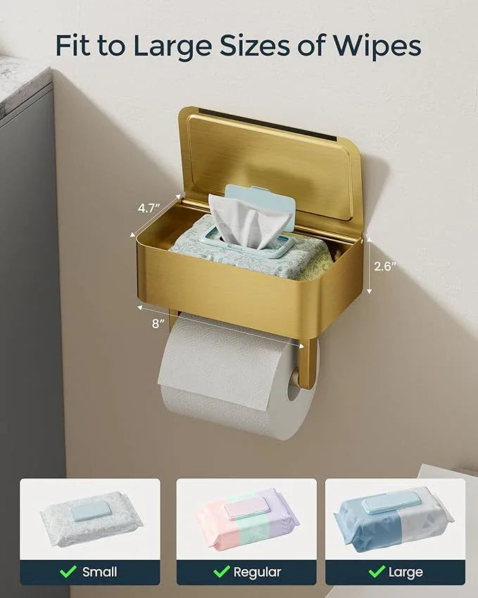 Toilet Paper Holder with Shelf, Wipes Holder for Bathroom, Flushable Wipes Dispenser, Stainless Steel Toilet Paper Roll Holder with Storage for Wet Wipes Wall Mounted (Gold, Regular Roll) - ModernBath