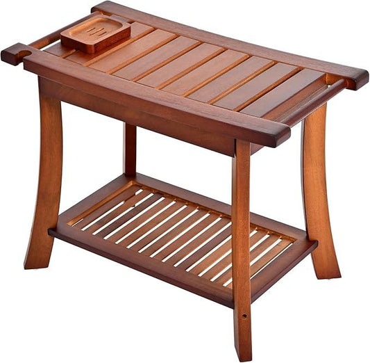Teak Shower Chair Stool, 24" Shower Bench Seat, Wooden Bathroom Bench with Storage Shelf for Indoor & Outdoor Use,Walnut - ModernBath