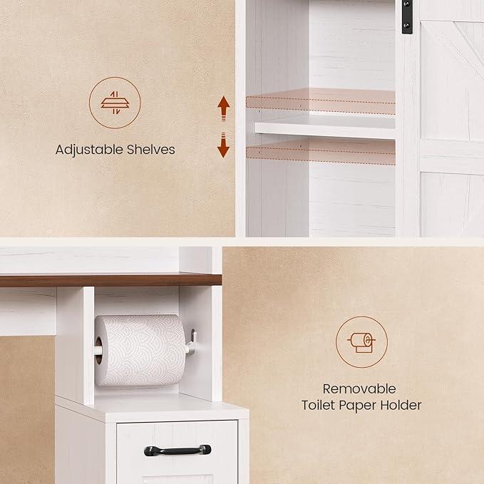 Farmhouse Over The Toilet Storage Cabinet with Pulley, Slide Barn Doors Bathroom Storage Cabinet, Space Saver W/Adjustable Shelf & Open Shelf for Bathroom, Restroom, Laundry (White Brown-Type A) - ModernBath