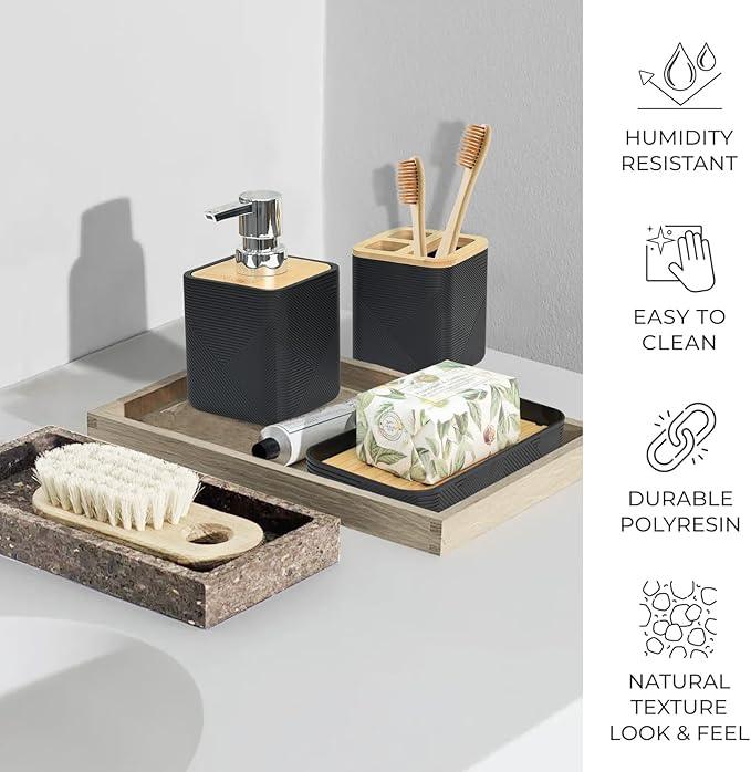 CERBIOR Bathroom Accessories Set 6 Piece Bamboo Bath Ensemble Includes Soap Dispenser, Toothbrush Holder, Toothbrush Cup, Soap Dish for Decorative Countertop and Housewarming Gift (Black) - ModernBath