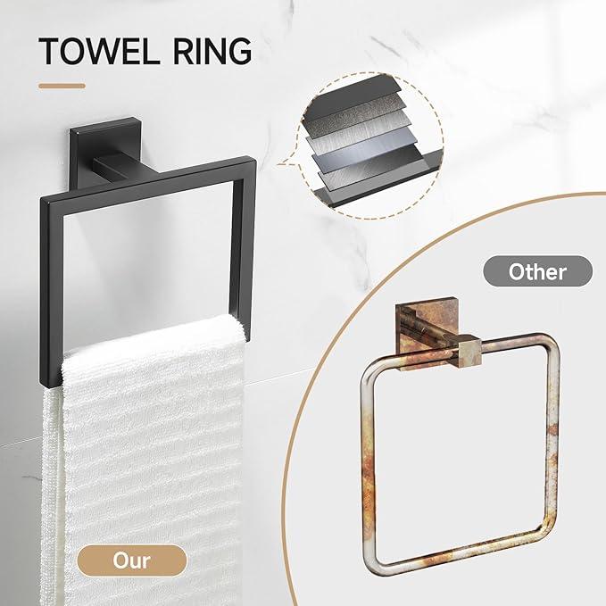 TQKAG Matte Black Bathroom Hardware Accessories Set 10 Pieces, 23.6" SUS304 Stainless Steel Towel Bar Set Wall Mounted Includes Single Towel Bar, Towel Ring, Toilet Paper Holder, Double Towel Hooks - ModernBath