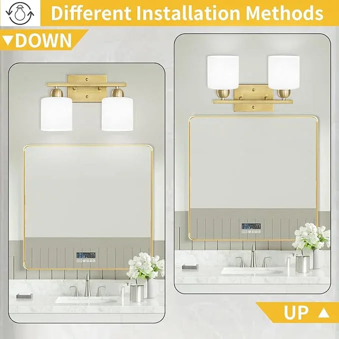 FAISHILAN 2 Light Bathroom Vanity, Bathroom Lights Over Mirror with Milky White Frosted Glass Shades, Gold Vanity Light for Mirror Living Room Bedroom Hallway E26 Base - ModernBath